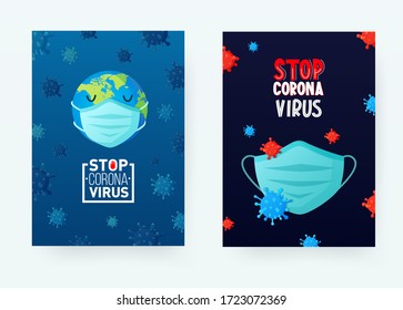 Face mask stop coronavirus COVID-19 posters. Vector backgrounds for healthcare medical 2020 pandemic design.