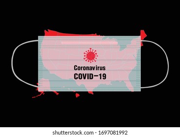 Face mask. Surgical mask. for prevent harmful germs on America map. USA red map, isolated on black background. COVID-19 concept. Coronavirus Outbreak Vector Illustration.
