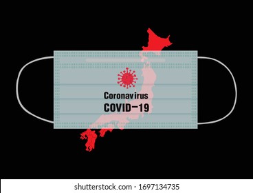 Face mask. Surgical mask. for prevent harmful germs on Japan map. Japan red map, isolated on black background. COVID-19 concept. Coronavirus outbreak Vector Illustration.
