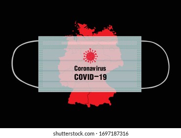 Face mask. Surgical mask. for prevent harmful germs on germany map. Germany red map, isolated on black background. COVID-19 concept. Coronavirus outbreak Vector Illustration.

