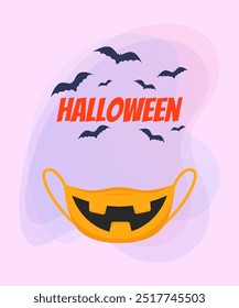 Face mask with teeth for Halloween party poster design. Flying bats on abstract background. Celebration, holiday concept. Vector illustration for invitation or banner