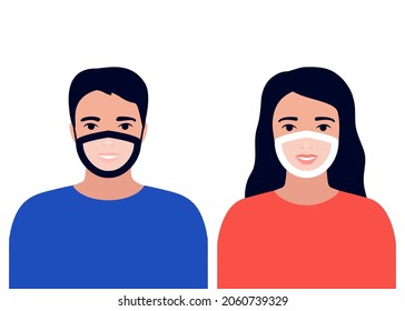 Face mask with transparent window for man and woman. Focus on eyes to understand lip reading. Help hearing impairment or deaf people during coronavirus. Vector illustration