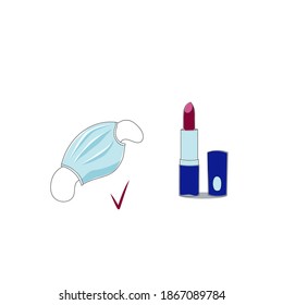Face mask in trendy flat style and lipstick isolated on white background.