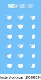 Face mask types with different protection levels white mockup. Respiratory diseases spread prevention. Medical coverings, respirators. Modern item clipart. Isolated design template on blue background