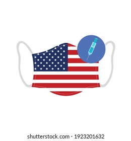 Face mask with USA flag and vaccine icon. Vector 