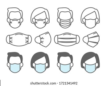 Face mask use. People medical masks icons respiratory infection inflammation and flu prevent, virus preventive protection equipment vector illustration