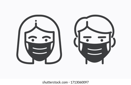 Face mask use. Vector flat icons of people man and woman in protection respirators