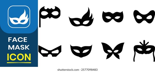 Face mask vector icon set. Feathers fan and magic, security and fraud topic, incognito theatre secret party masque, Scammer or thief mask. carnival villain or burger vector illustration.