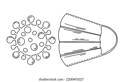 Gesichtsmaske und Virus im handgezeichneten Doodle-Stil. Einzeln auf weißer Vektorgrafik.