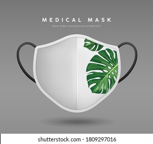 Face Mask White Color, With Monstera Leaf Realistic Design Mock Up Template, On Gray Background, Eps 10 Vector Illustration