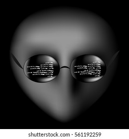 Face masked hacker a reflection of the code on the glasses