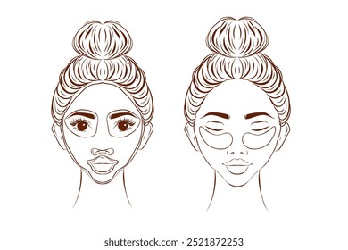 Las máscaras faciales, los iconos finos de la línea del tratamiento de la belleza fijan la Ilustración vectorial. Los personajes femeninos se aplican máscaras de arcilla o crema con pinceles, círculos de aplicaciones de parches y pepino para ojos y cuidado de la piel
