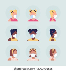 Face masks for children semi flat color vector character avatar set. Portrait with respirator from front and side view. Isolated modern cartoon style illustration for graphic design and animation pack