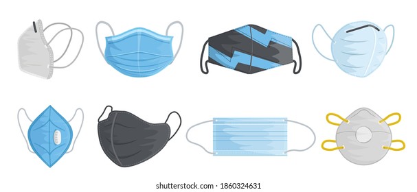 Face masks collection. Different types. Coronavirus prevention. Pandemic, disease protective equipment. Virus outbreak. Coronavirus quarantine. Air filter icon, sign. Editable vector illustration