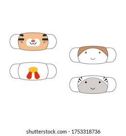 Face masks with cute animal face motifs. Set of designs o reusable mouth kids funny masks with cute animal face motif in vector
