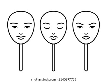Face masks expressing emotions, fake mood, line art. Change personality to conform to social requirements and pressure. Control emotion. Vector illustration