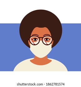 Face Masks and Foggy Glasses. Young woman in protective mask. Tips and ways to avoid fogging your glasses is to use windscreen wipers. Prevent misty glasses. Ophthalmology poster. Vector illustration