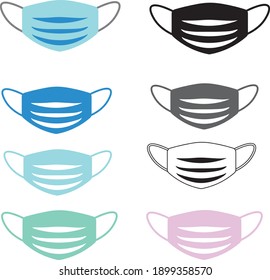 Face masks icon with different colors flat. Breathing protection. Virus, flu, pollution, and disease protection. Medical masks vector illustration
