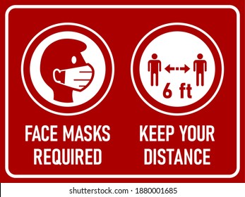 Face Masks Required and Keep Your Distance 6 ft or 6 Feet Horizontal Warning Sign including Text and Instruction Icons. Vector Image.