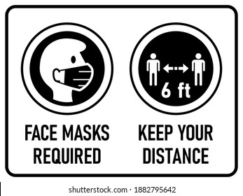 Face Masks Required and Keep Your Distance 6 ft or 6 Feet Horizontal Warning Sign including Text and Instruction Icons. Vector Image.