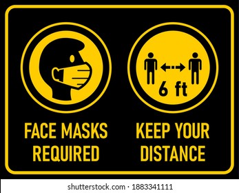 Face Masks Required and Keep Your Distance 6 ft or 6 Feet Horizontal Warning Sign including Text and Instruction Icons. Vector Image.