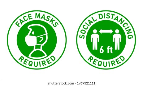 Máscaras faciales requeridas y distanciamiento social requerido de 2 pies o 6 pies, pegatinas adhesivas redondas o iconos de insignia contra la propagación del Coronavirus Covid-19. Imagen vectorial.