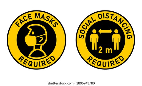 Face Masks Required and Social Distancing Required 2 m or 2 Metres Round Adhesive Sticker or Badge Icons against the Spread of Coronavirus Covid-19. Vector Image.