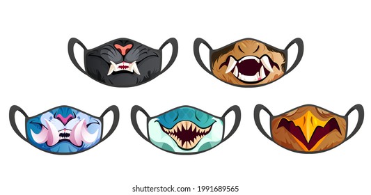 Face masks with scary animal fangs isolated on white background. Vector cartoon set of black cloth medical protective masks with print of panther, dog, shark mouth with teeth and bird beak