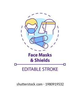 Face masks and shields concept icon. Post-covid beauty salon safety rule idea thin line illustration. Face covering. Substitute for masks. Vector isolated outline RGB color drawing. Editable stroke