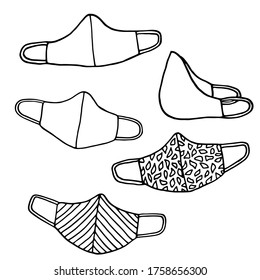 Face masks vector set. Stylish beautiful medical and handmade masks with print pattern. Mask respirators protecting from virus, infection, covid-19. Coronavirus quarantine fashion illustration