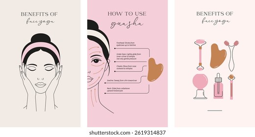 Face massage, Gua sha massage, self care, skincare illustrations. Minimalist clean vector design