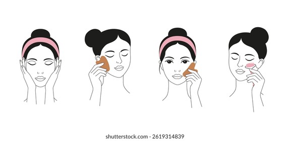 Face massage, Gua sha massage, self care, skincare illustrations. Minimalist clean vector design