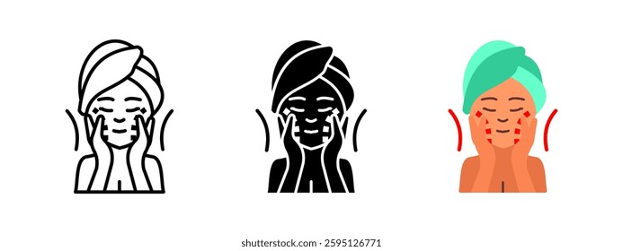 Face massage icon. Woman applying skincare treatment with gentle hand movements. Beauty and wellness routine vector illustration. Self-care and relaxation pictogram.