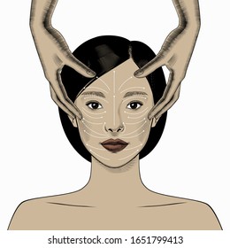 Face massage instruction. Beautiful Young Woman with Clean Fresh Skin. Facial treatment, skin care concept . Cosmetology, beauty and spa.
