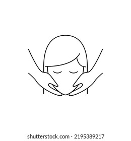 Face massage line icon. Woman, customer, hands touching face. Beauty care concept. Vector illustration can be used for topics like cosmetology, skin care, spa salon