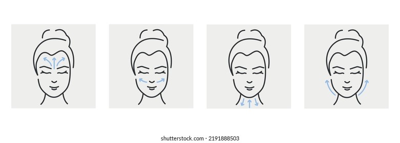 Líneas de masaje facial. Tratamiento de masajes linfáticos. La mujer se enfrenta al concepto de cuidado de la piel. Ilustración del vector