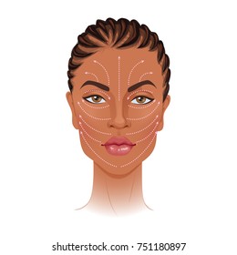 Face massage lines scheme. Black beautiful woman portrait. Isolated vector illustration.