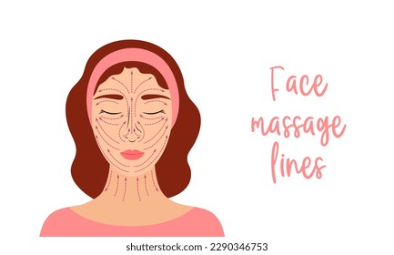 Face massage lines. Vector illustration. Rules of anti-ageing facial massage infographic. Young beautiful woman and dotted arrows. Lifting sculpt procedure.