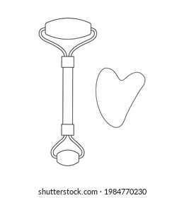 Face massage roller and gouache scraper. Face massage at home. Self-service. Vector flat black outline isolated on white background