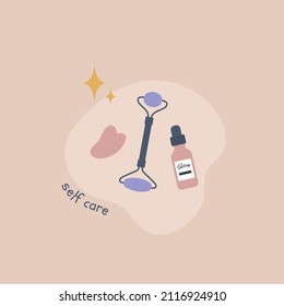 Rollo de masaje facial. Autocuidado. Herramienta de automasaje. Vector