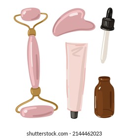 Face massage set, vector illustration. Face massager, cream and healing serum. Beauty product pink set. 