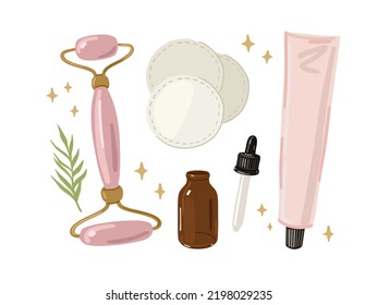 Conjunto de masaje facial, ilustración vectorial. Productos de belleza para el autocuidado.