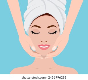 Face massage. Spa skin and body care. Close-up of young woman getting spa massage treatment at beauty spa salon. SPA beauty and health concept. Vector illustration in flat style