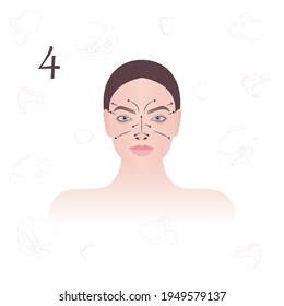 Face massage. Massage technique. Facial massage lines. Vector modern illustration. Fourth schematic of nine.