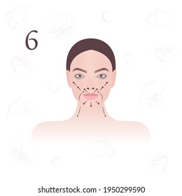 Face massage. Massage technique. Facial massage lines. Vector modern illustration. Sixth schematic of nine.
