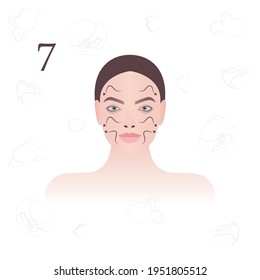 Face massage. Massage technique. Facial massage lines. Vector modern illustration. Seventh schematic of nine.