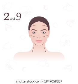Face massage. Massage technique. Massage lines of the face and neck. Vector modern illustration. Second and ninth schematic of nine.