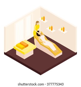 Face massage with towels and equipment and relaxing atmosphere isometric vector illustration 