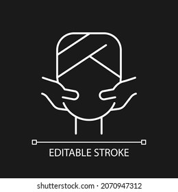 Face massage white linear icon for dark theme. Stimulating pressure points. Promoting blood flow. Thin line customizable illustration. Isolated vector contour symbol for night mode. Editable stroke