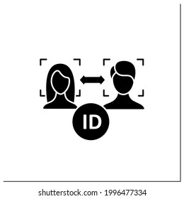 Enfrentar el icono de glifo.Tecnología de autenticación.Coincidir con las caras humanas de la imagen, el marco de vídeo. Identificar a la persona de la imagen.Detección de identidad.Signo plano relleno. Ilustración vectorial de silueta aislada